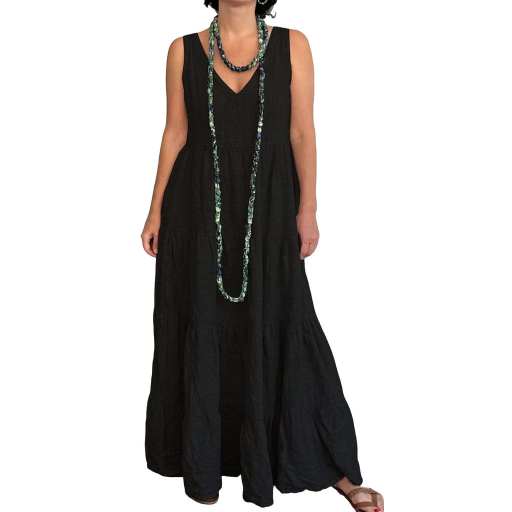Women's Fashionable Loose-Fit Sleeveless Cotton-Linen Blend Shirt Dress