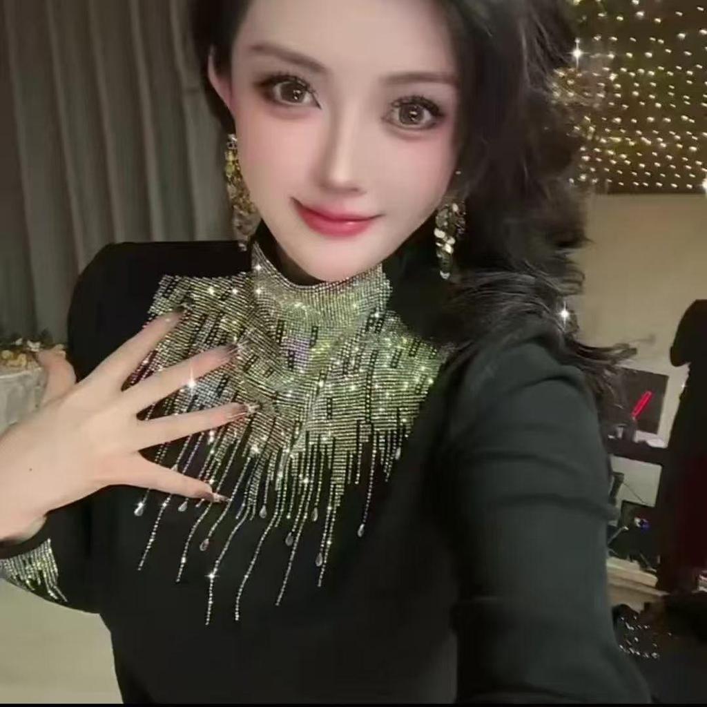 Elegant Rhinestone Long-Sleeve Women's Top - Autumn/Winter Base Layer with Half-High Neck