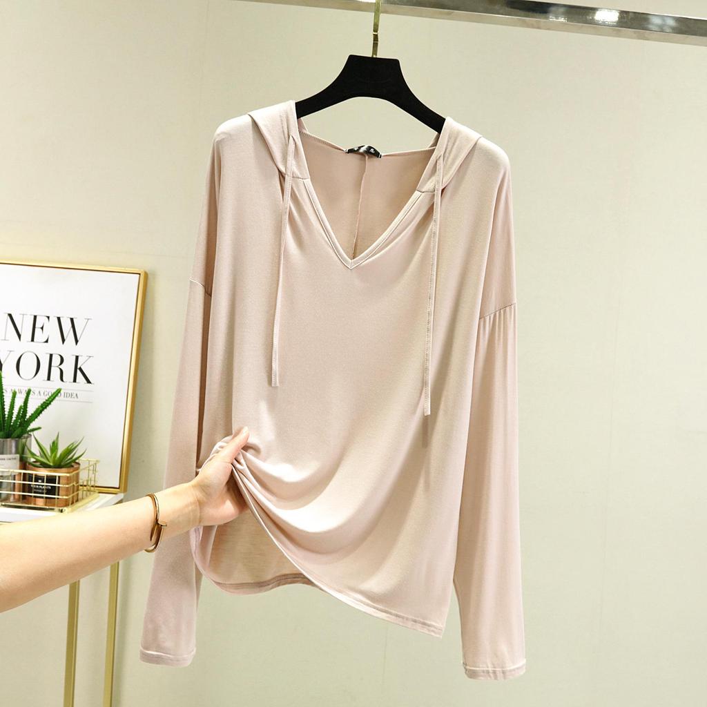 Plus Size Women's Long-Sleeve Modal T-Shirt - Hooded, Solid Color, Sun Protection, Lightweight for Spring/Summer