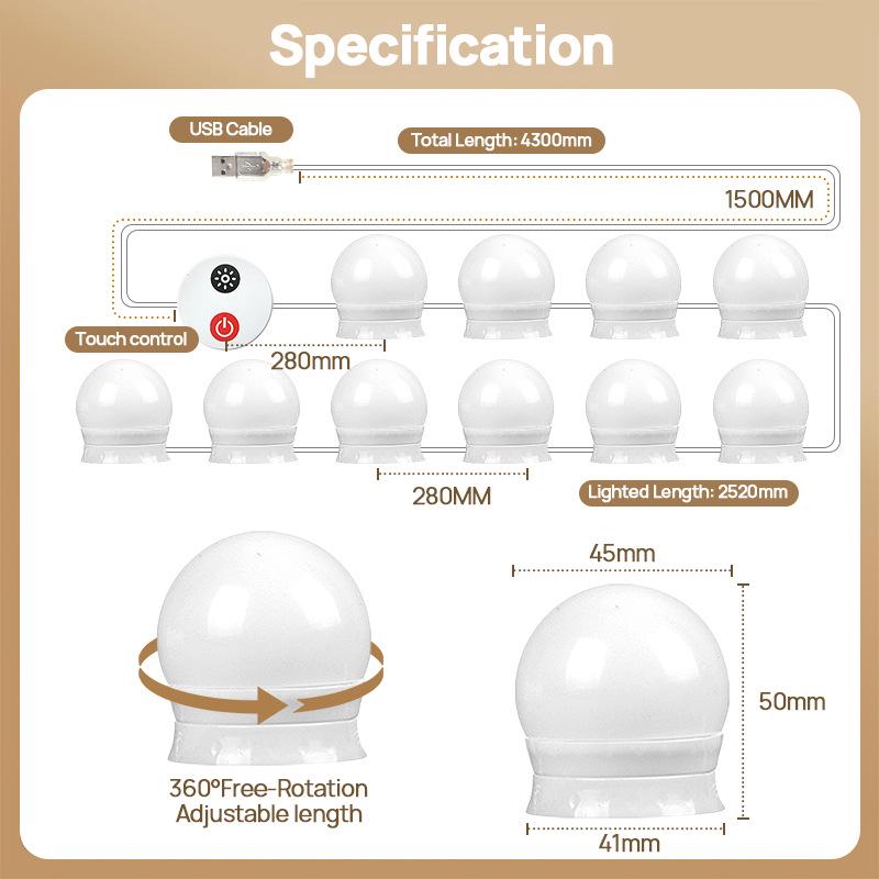 Hollywood Style LED Vanity Light with Touch-Controlled Three-Color Stepless Dimming