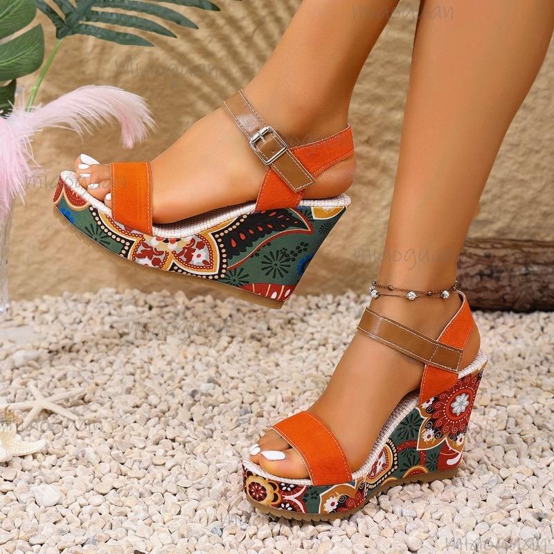 Women Wedges Sandals Print Random Platform Slippers 2026 New Summer Fashion Sandals Women Walking High Heels Shoes for Women