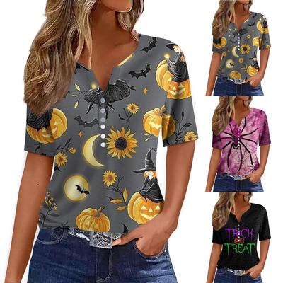 Women's T Shirt Tee Halloween Printed Button Short Sleeve Tunic Daily Weekend Fashion Basic V- Neck Regular Top