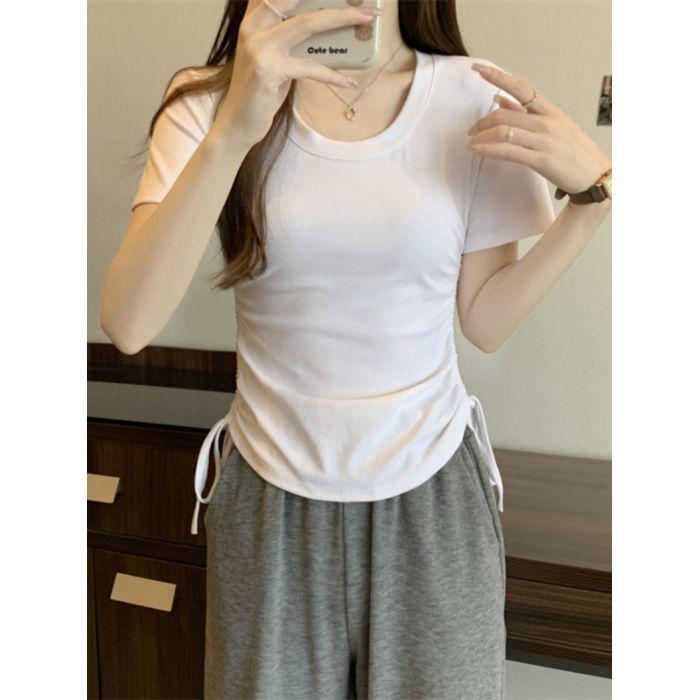2025 Korean Style Slim Fit Short Sleeve Women's T-Shirt with Round Neck and Drawstring.