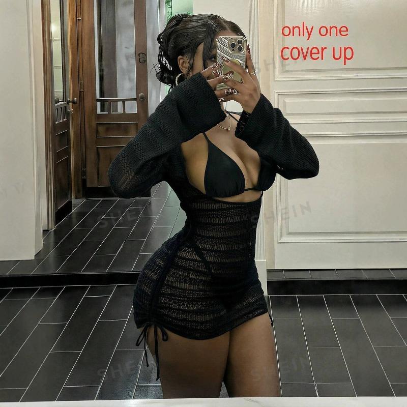 2026 New European and American Spice Girl Style Knitted Neck Dress Slim and Thin Short Holiday Style Swimsuit Blouse