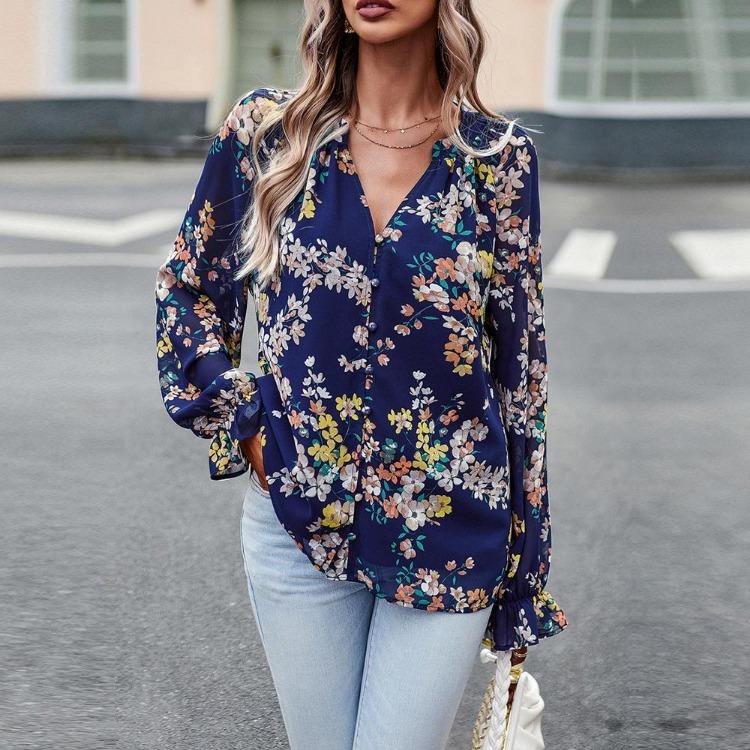 Elegant Floral Blouse for Women V Neck Lantern Sleeve Button Top Autumn Shirt