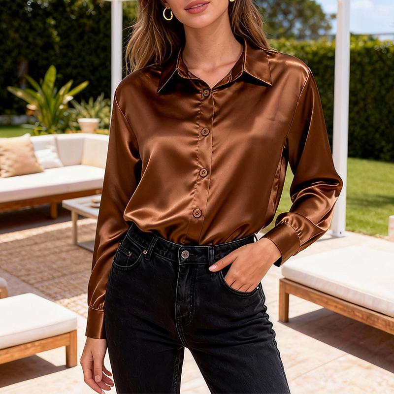 Women's Spring Summer White Satin Long Sleeve Button Down Blouse