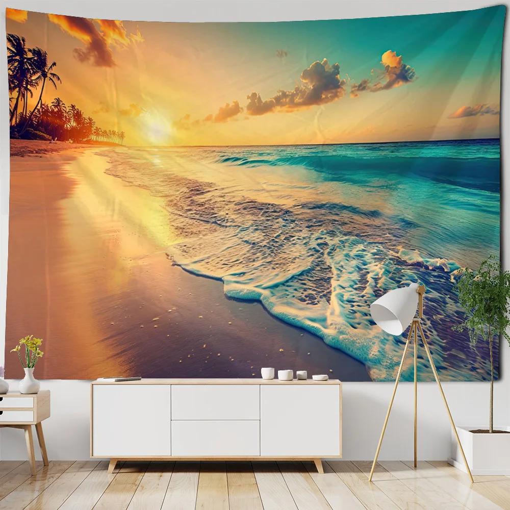 Dreamy Beach Landscape Tapestry Wall Hanging for Bedroom Living Room Dormitory Home Decor Sea View Background Cloth
