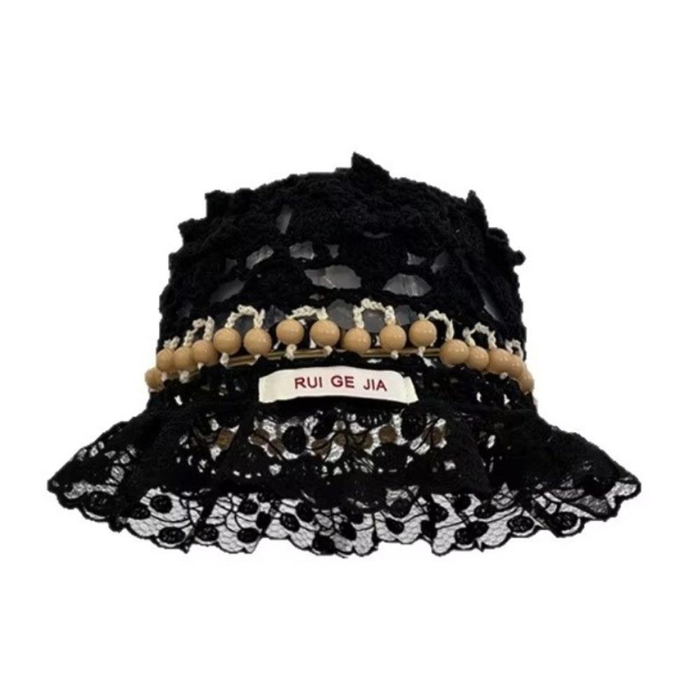 Handmade Crochet Bucket Hat Summer Weave Basin Caps Sweet Beads Knitted Hat  Girls