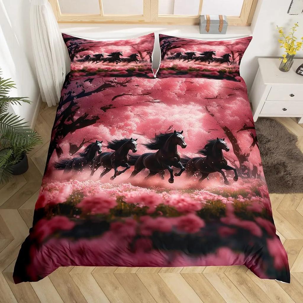 Cherry Blossom Horse Comforter Cover Twin for Kids Boys, Wild Animal Bedding Set Galloping Horse Duvet Cover with 2 Pillowcase