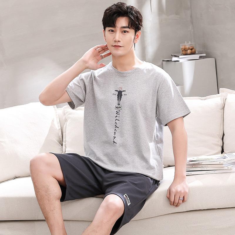 Two Piece Set Pajamas Men Cotton Fabric Jersey Short Sleeve Shorts Casual Loose Sports Loungewear Sleepwear Youth Nightwear