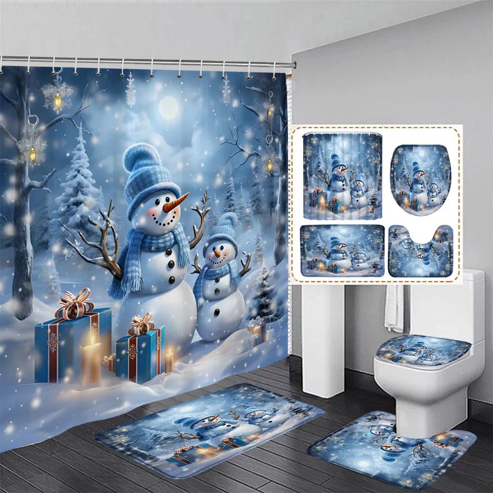 Winter Weihnachten Duschvorhang Set Niedlicher Blauer Schneemann Xmas Geschenk Wald Zeder Schnee Neujahr Badezimmer Deko Duschvorleger Toilettenbezug