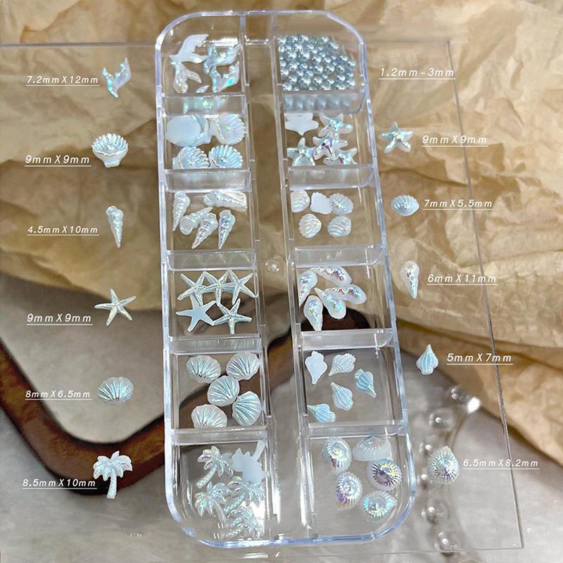 3D Nail Art Accessories for A Dreamy and Ocean Manicure Look, Shell, Starfish, Mermaid Tail, Blue and White, 12 Grids/Box
