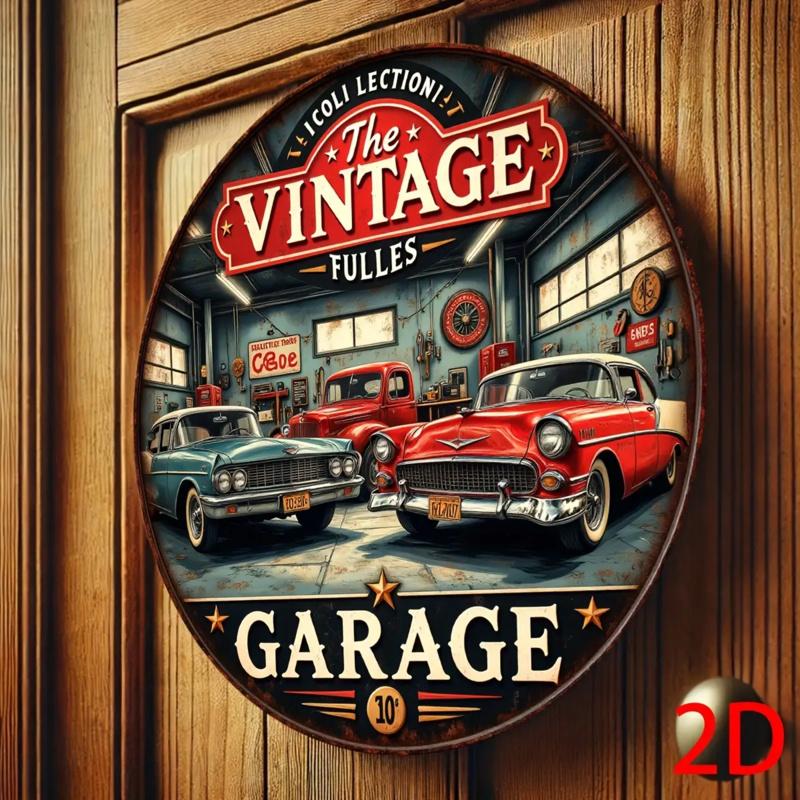 

Hisun Tin Sign Vintage The Vintage Garage Classic Cars Retro Metal Tin Painting Rustic Distressed Old Automobile Themed Round Wall Art Decor 20x20cm