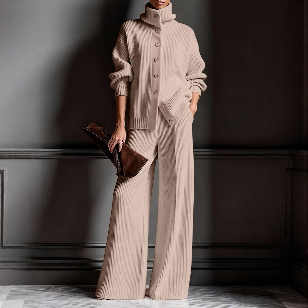 Women's High-Neck Color Cardigan Long-Sleeved Top And Wide-Leg Pants Knit Two-Piece Set