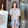 Women's Hollow Jacquard Puff Sleeve Babydoll Blouse - Summer Pullover Round Neck Top