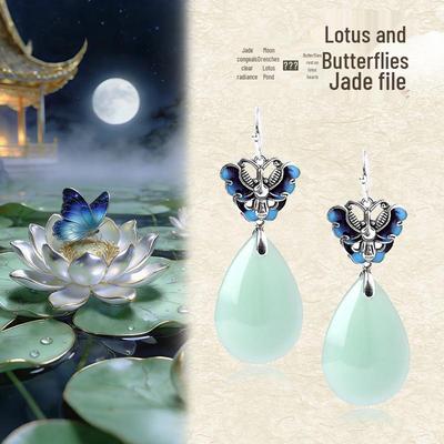 925 Silbernadel-Ohrringe mit eingelegter Imitation von Hetian-Jade - Retro Qipao-Stil mit hochwertigem Luxus-Thailändischem Silber