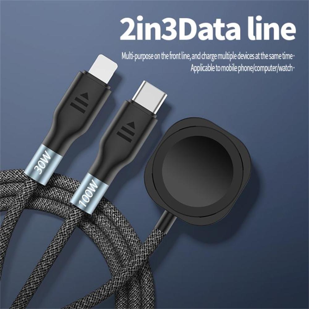2m 2 In 1 USB A/Type-C To USB C/8 Pin/for Apple Watch Charger Dock PD 100W Fast Charging Cable