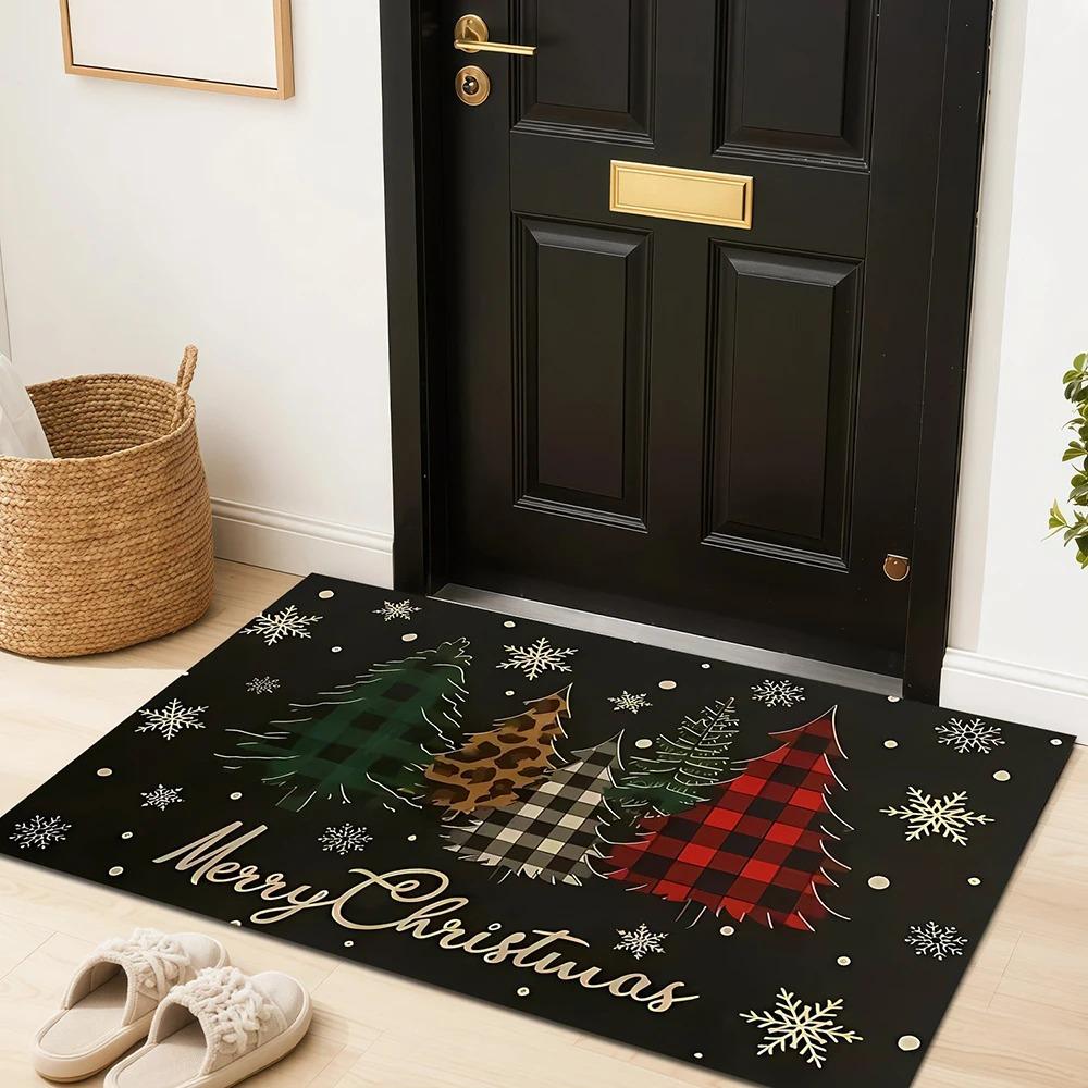 1pc Christmas Welcome Mat with Plaid Tree - Winter Indoor Outdoor Doormat for Front & Rear Door
