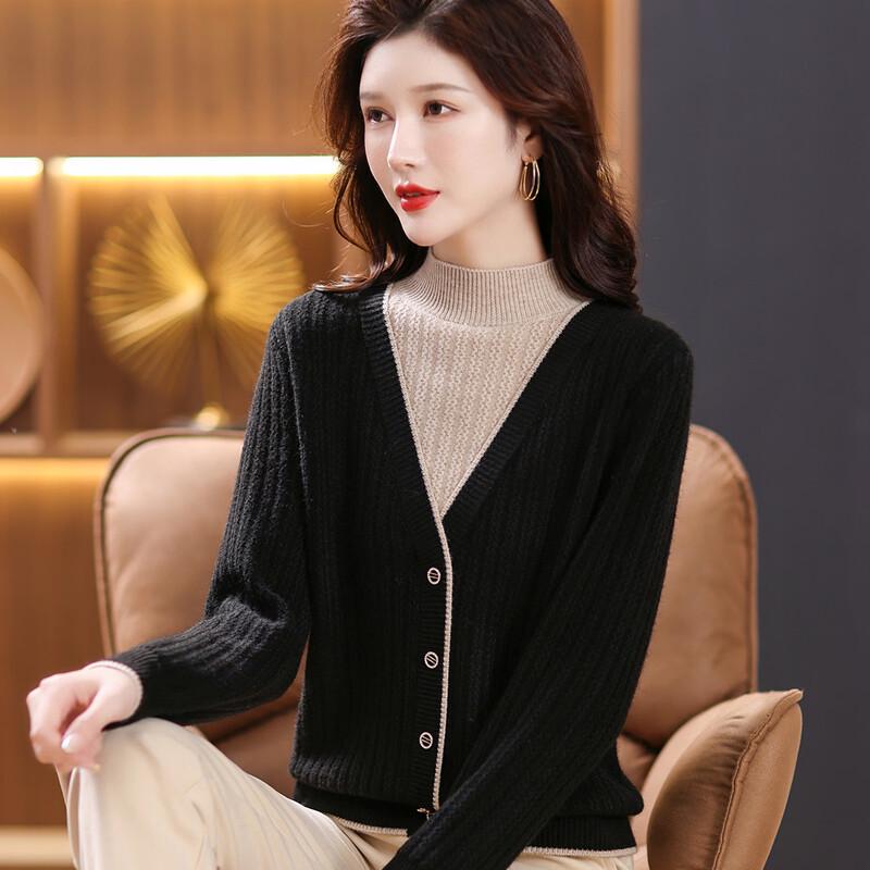 SNOWFLYING Women s Mock Neck Faux Two-Piece Pullover Sweater M