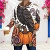 Women Plus Size Round Neck Long Sleeve T Shirt Cute Teddy Bear Pumpkin Print Loose Longline With Pockets