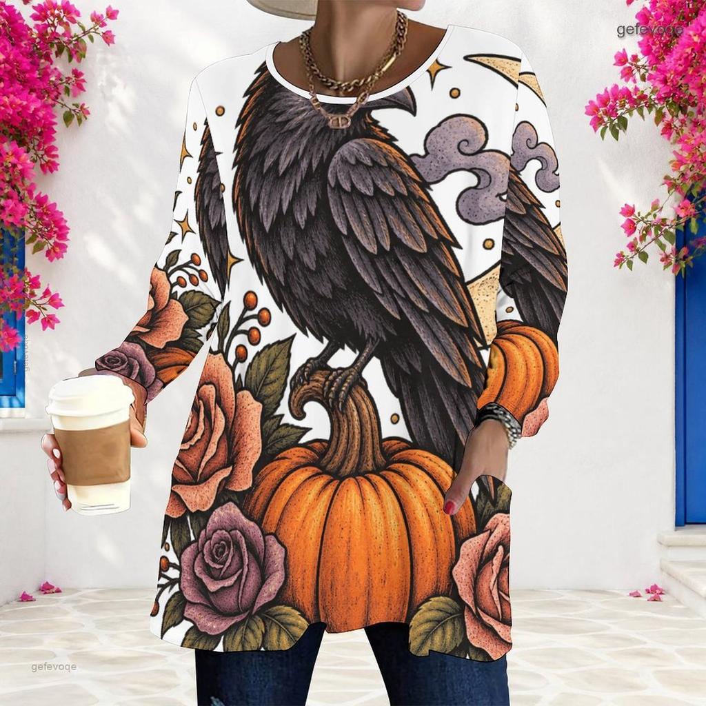 Women Plus Size Round Neck Long Sleeve T Shirt Cute Teddy Bear Pumpkin Print Loose Longline With Pockets