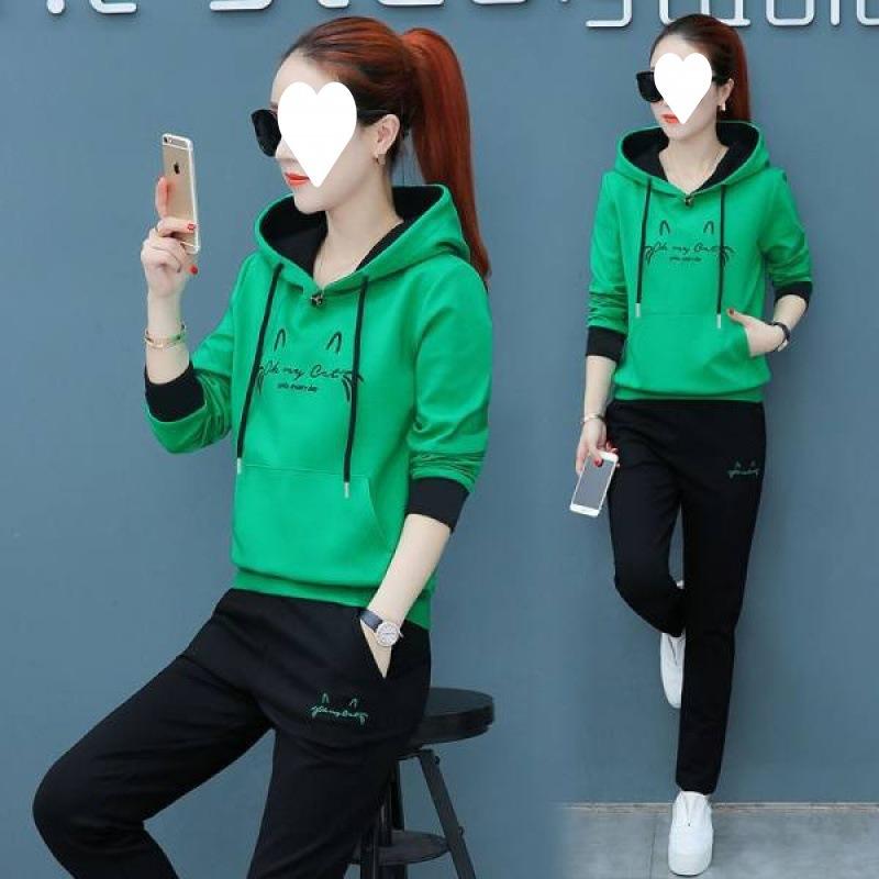 Embroidered Hooded Autumn Casual Sports Suit for Women Korean Style Loose Long-sleeved Student Two-piece Set