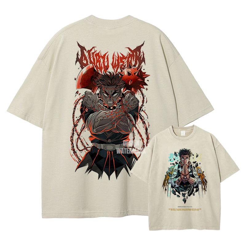 Demon Slayer Anime T Shirt Rengoku Kyoujurou Printed Tee Men High Quality Cotton Tshirts Harajuku Male Manga Washed T-shirt S 1623₽
