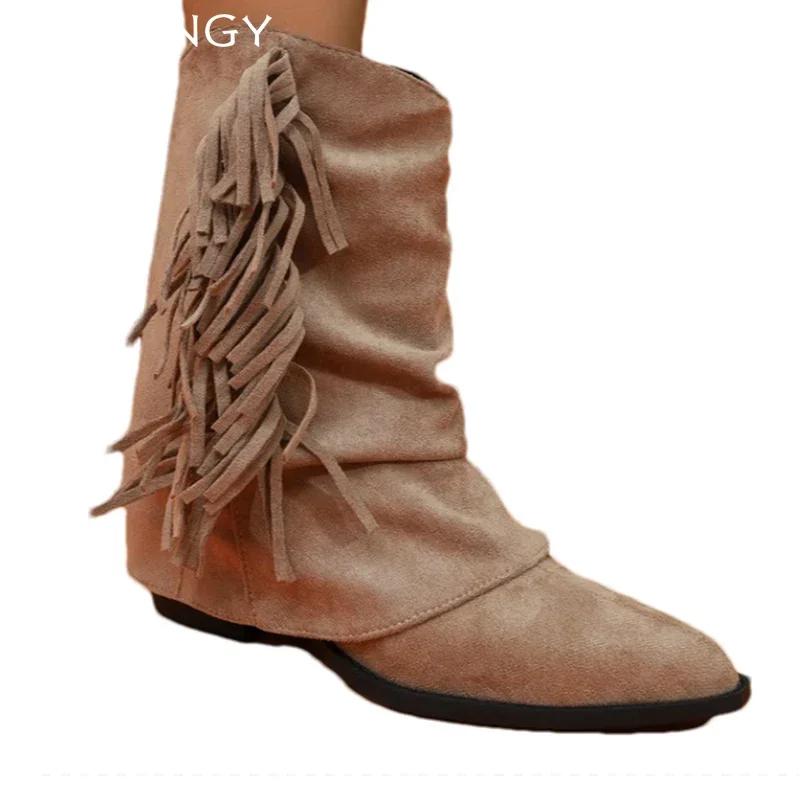 Fashion Suede Women Mid Calf Boots Pointed Toe Fringes Designer Shoes Woman 2024 Trend Snow Boots New Chelsea Boots Winter Mujer Botas