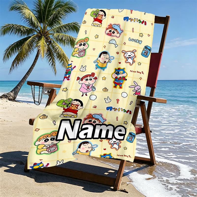 Custom Name Personalized Crayon Shin Print Beach Towel, for Trip Camping Beach Party Home Decor, Birthday Gift for Family & Friends