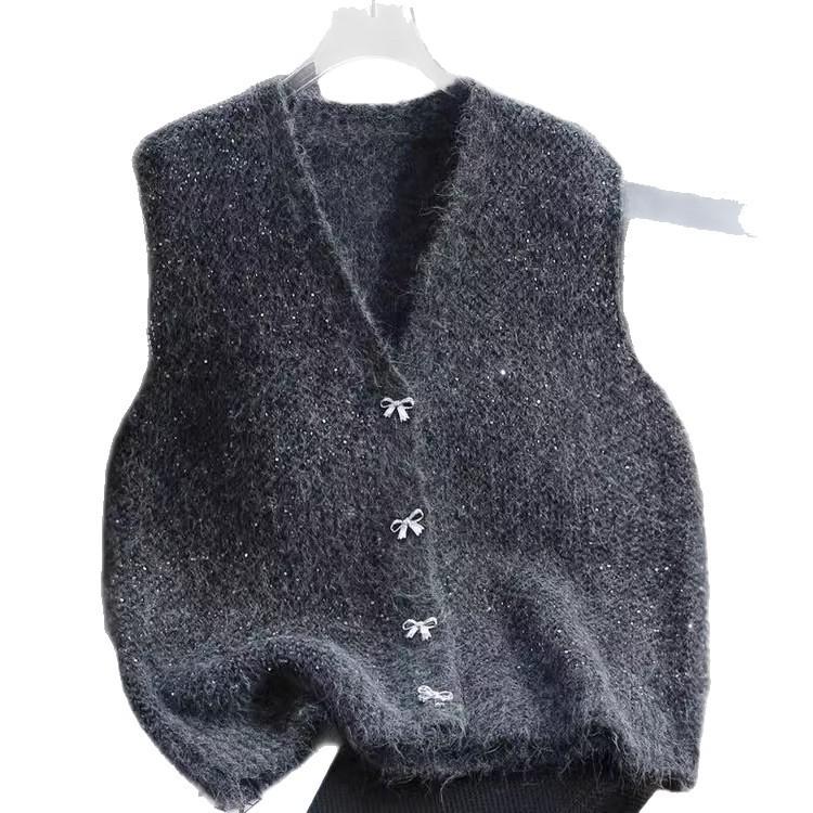 sequined cardigan knitted vest for women's early spring new lazy high-end sense stacked vest vest for women