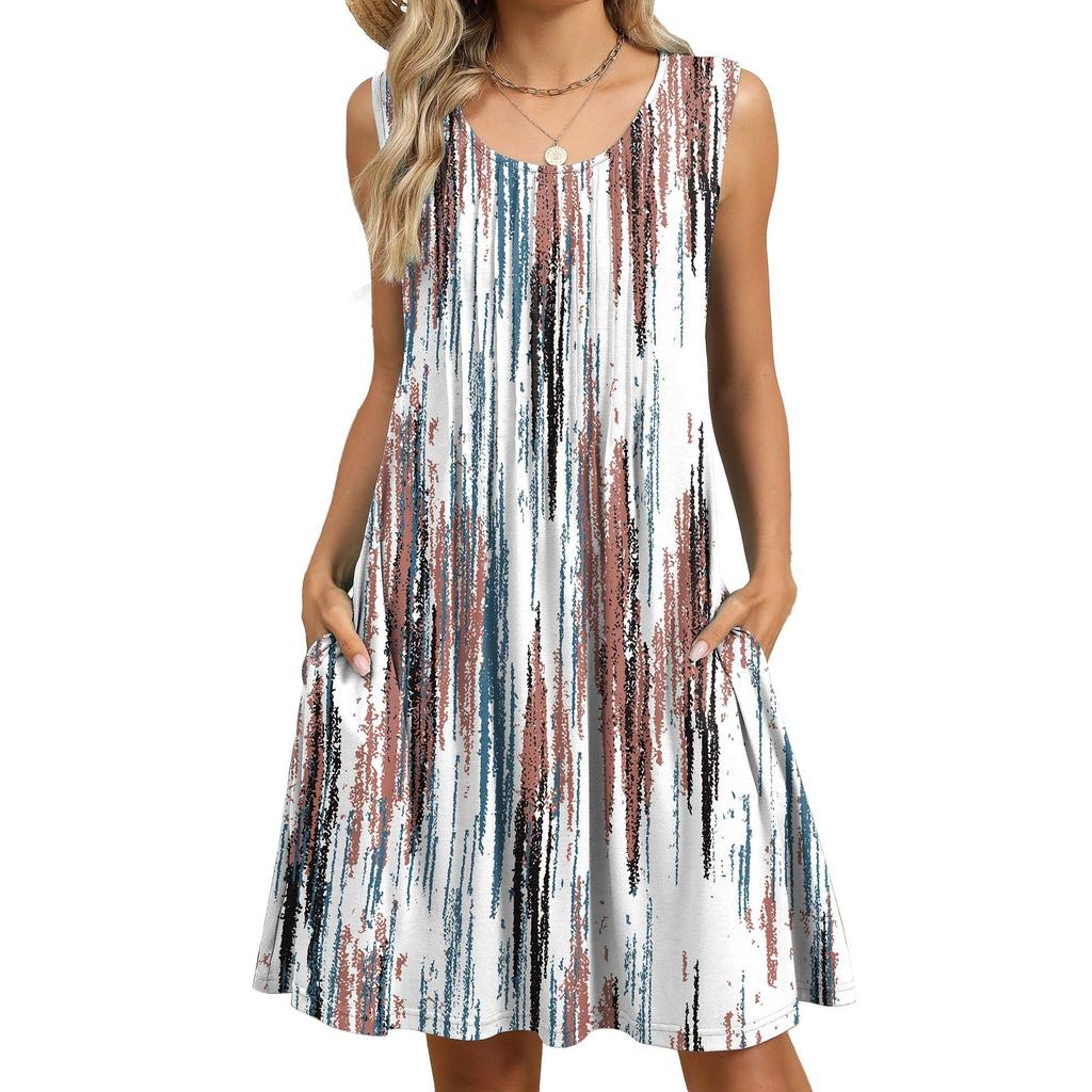 Damen Sommer Neues bedrucktes Tanktop Lockeres Kleid mit Tasche