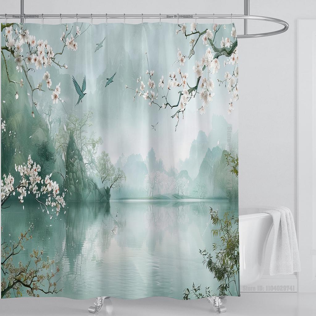 Chinese Style Flower and Birds Tree Shower Curtains Crane Pattern Bath Curtain Waterproof Bathroom Decor With Hooks 3d Printing