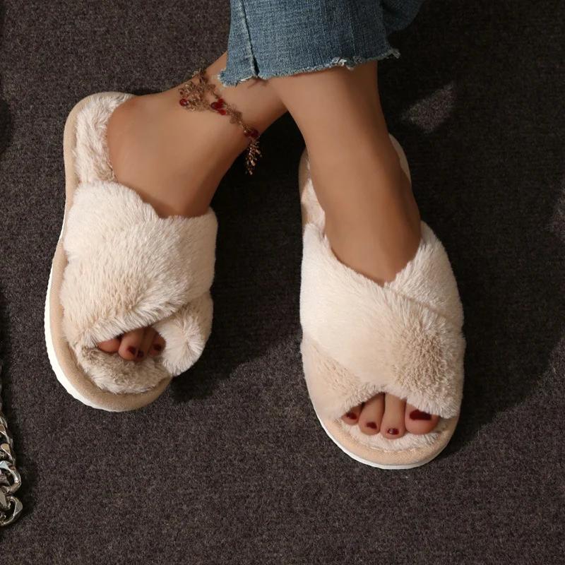 Fashion Fashion Cross Strap Fur Slippers Women Indoor Light Warm Plush Home Slippers Woman Faux Fur Flat Heel Couple Slides Plus Size 43