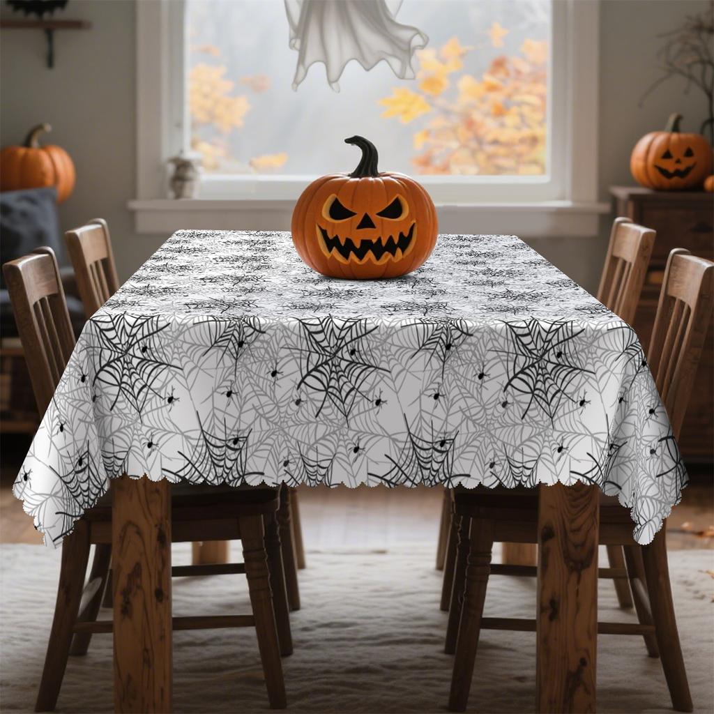 Black spider web white background Halloween tablecloth - washable for use as a table cover - suitable for diningzyc