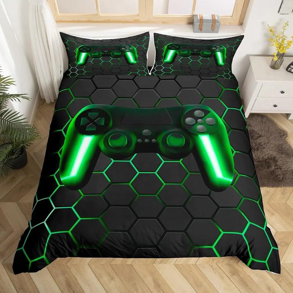 Gamer Game Controller Duvet Cover Set, Neon Hexagonal Gaming Bedding, Soft Quilt Cover Pillowcases for Boys Teens Adults