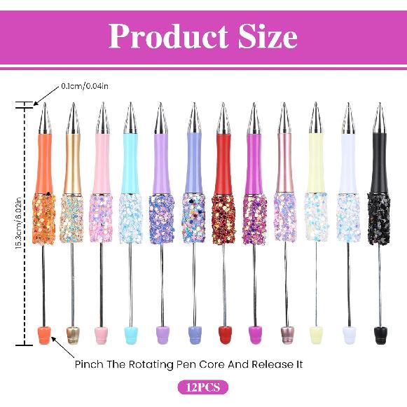 12 Pcs Glitter Beadable Ballpoint Pens, Colorful DIY Retractable Sequin Bead Pen Kit with Pentagram, Fancy Beadable Ballpoint Stationery for Creative