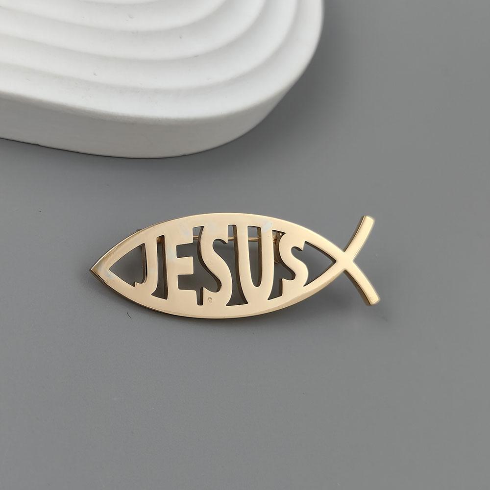 Stainless Steel Jesus Letter Fish Brooch Men's Shirt Suit Badge Pins Fashion Jewelry Accessories Religious Christian Gift