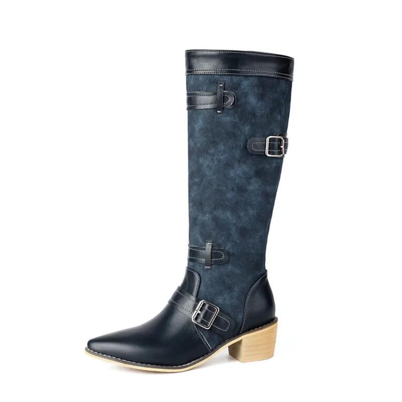 Fashion European American Color Blocked Western Cowboy Boots Women Pointed Spliced Belt Buckle 4.5cm Thick Heel Knee High Boots 35-46