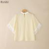 ZANZEA Women Casual Round Neck Lace Splice 3/4 Sleeve Loose Blouse