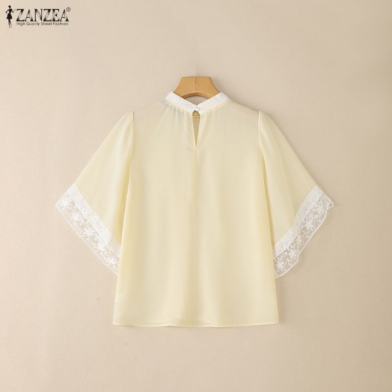 ZANZEA Women Casual Round Neck Lace Splice 3/4 Sleeve Loose Blouse