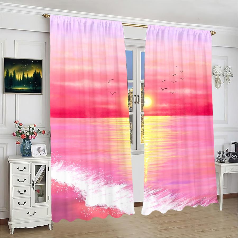 Beach Under Pink Sunset Printed Curtains Christmas Decorations Daily Home Room Curtain Polyester
