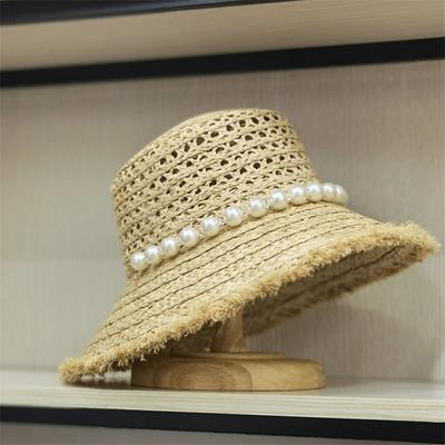Summer Handmade Hollow Out Raffia Grass Pearl Decoration Lady Sun Cap Women Leisure Hat