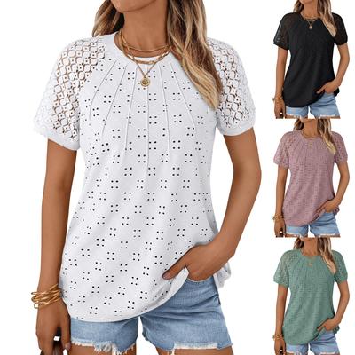 Tops de verão femininos casuais com babados, manga curta, gola redonda, camisetas soltas e plissadas