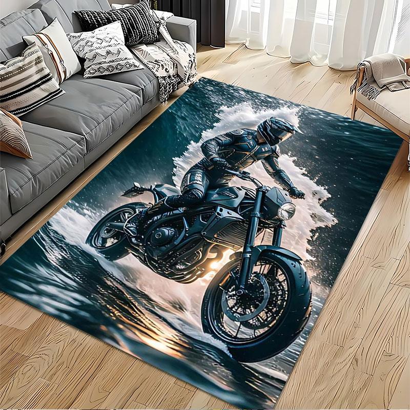 Motorcyclist Riding Through Waves suitable as a non-slip mat for the living room or bedroom sofa