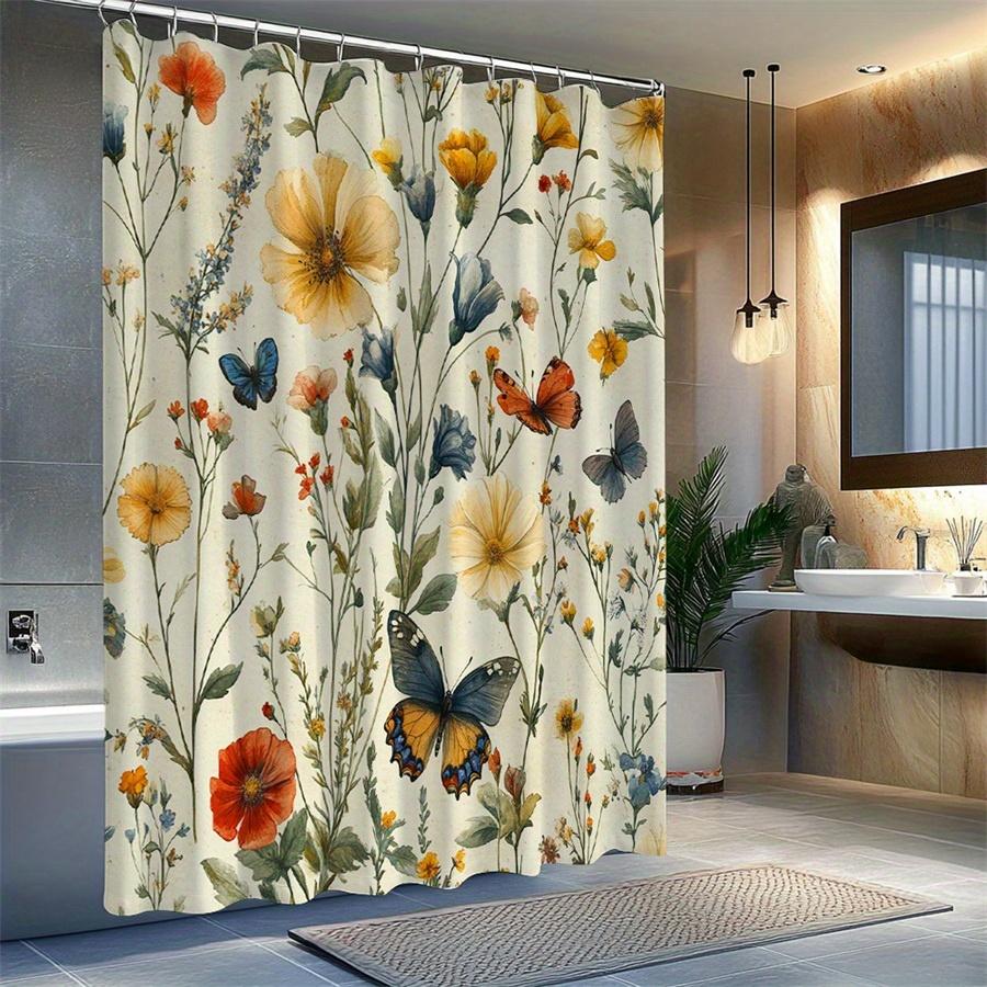 1 Bright Floral And Butterfly Shower Curtain - Features A Colorful Floral And Butterfly Pattern, Machine Washable Polyester