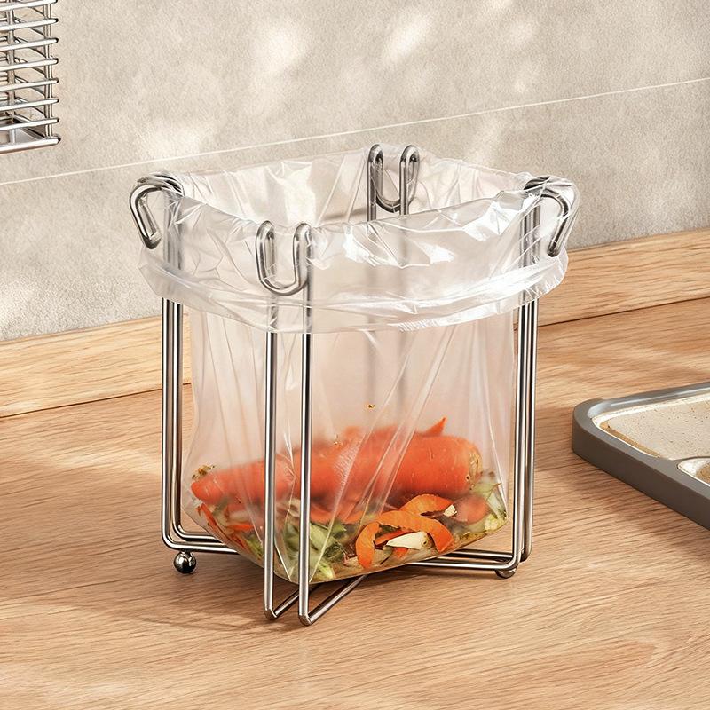 304 Stainless Steel Trash Rack Foldable Kitchen Countertop Trash Bag Support Rack