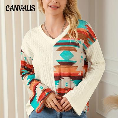Herfst en Winter Gebreide Trui Dames Plus Size Persoonlijkheid Splicing Print Lange Mouw Trui