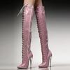 Sexy Damen Vintage 16CM Metallabsatz Glänzend Lackleder Seitenschnürung Oberschenkelhoch Überknie Stiefel Spitze Clubschuhe