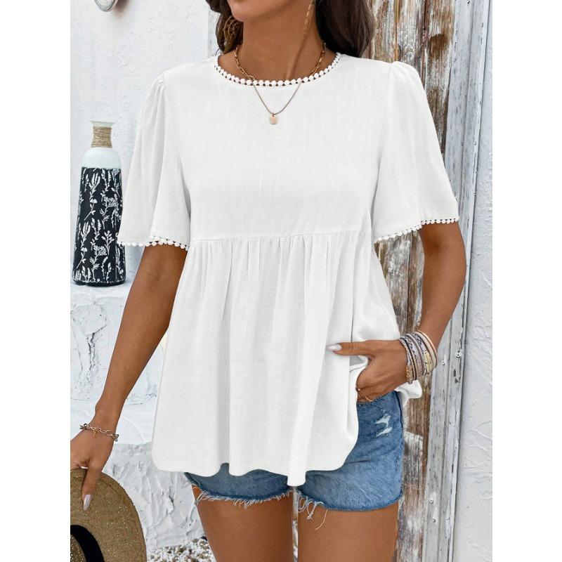 YYFS Women's Fashion Casual Summer Spring Solid Color Print  Short Sleeve O-Neck Blouses & Shirts
