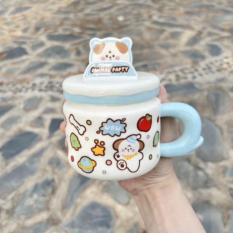 Mobile Phone Holder Mug With Lid Cartoon Animal Water Cup Gift Box Cute High-Value Household Drinking Water Ceramic Cup